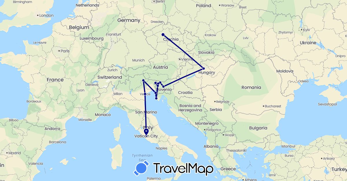 TravelMap itinerary: driving in Czech Republic, Croatia, Hungary, Italy, Slovenia (Europe)